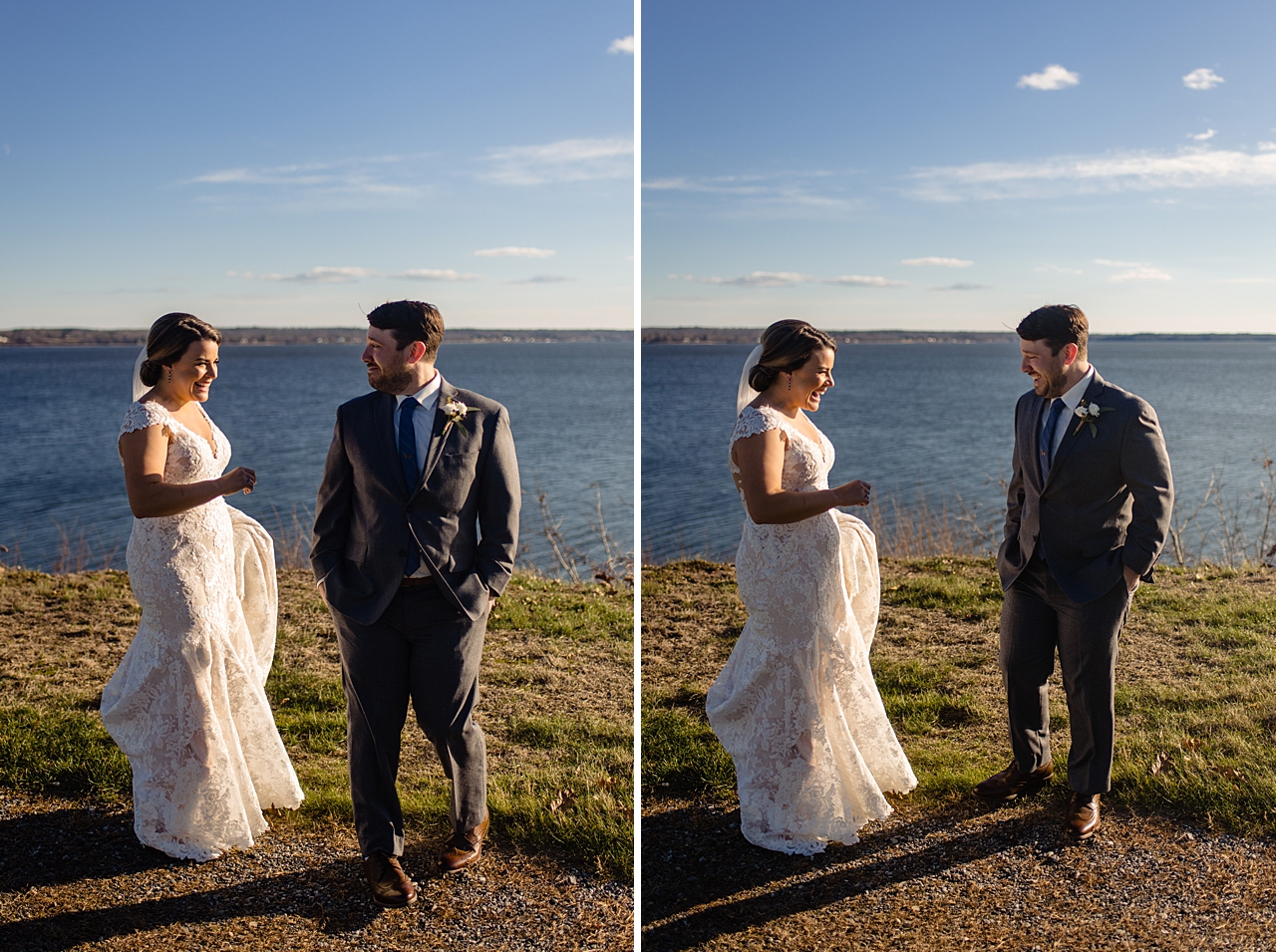 two images side by side of the moment the groom turns and sees his bride for the first time