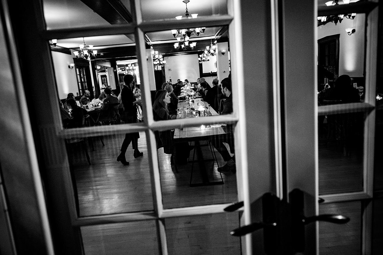 black and white photo of the dining room for the reception