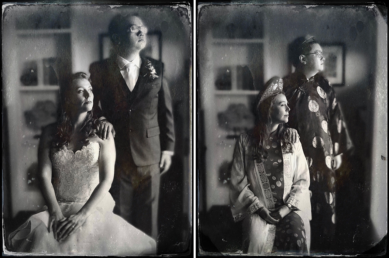 Tin-type style portrait of bride and groom in two traditional wedding attire outfits.